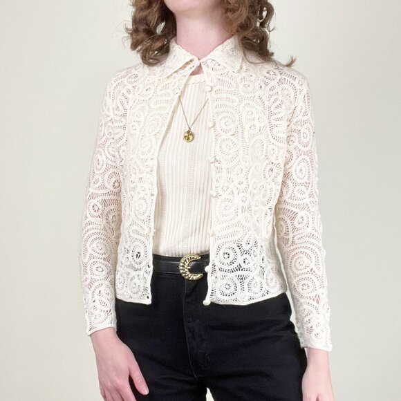 Vintage 100% Merino Wool Open Knit Lace Cardigan Sweater Quiet Luxury Old Money - Picture 1 of 12